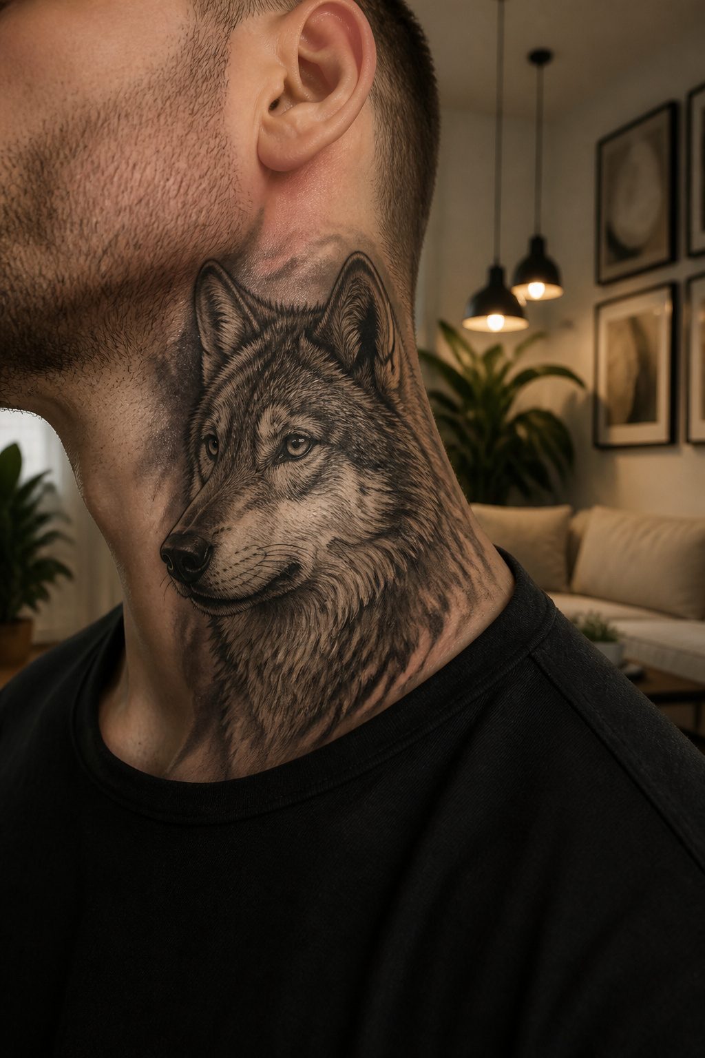 Realistic black and grey neck tattoo focusing on shading and detail.