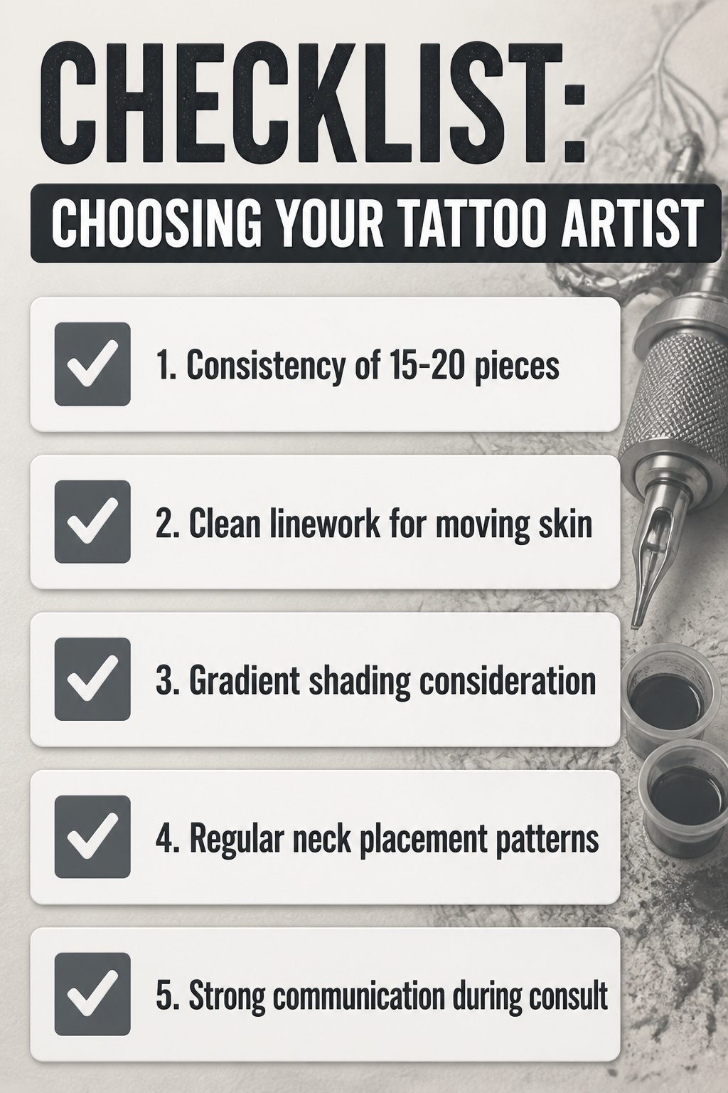 Checklist outlining key factors for selecting a tattoo artist.