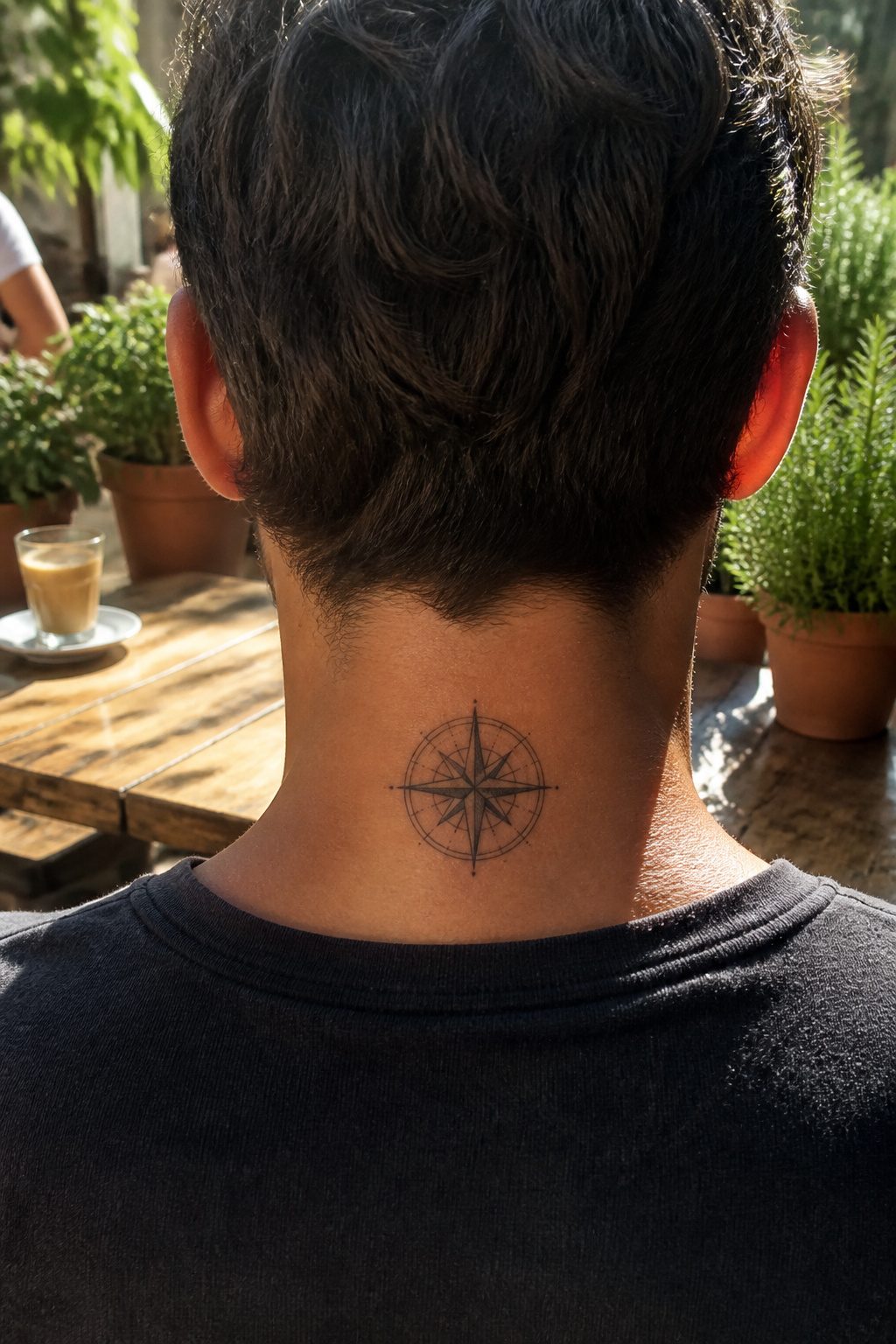 Compass tattoo on the base of the neck with black and grey shading.