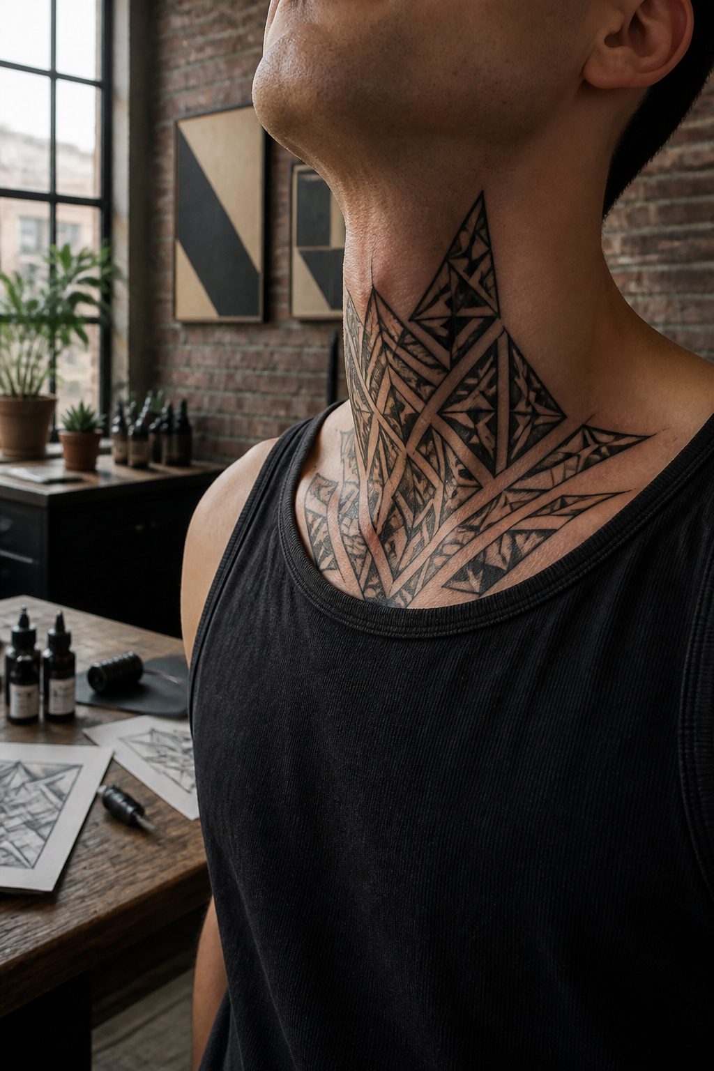 Geometric neck tattoo displaying black ink triangles and diamonds.