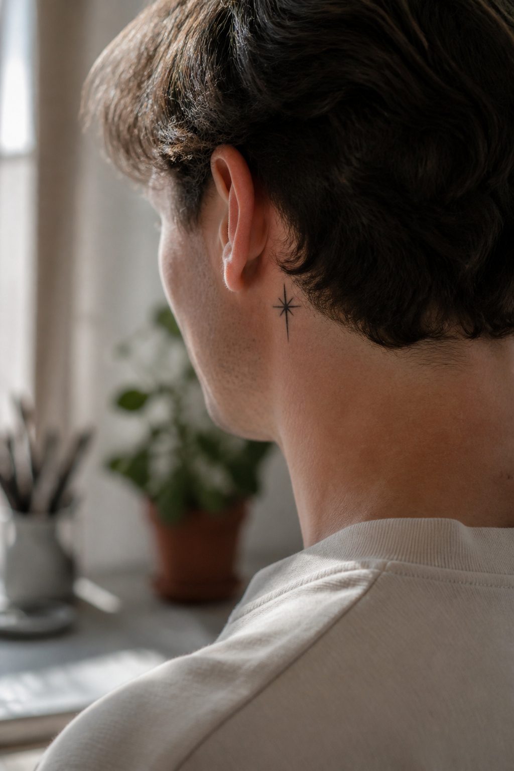 Small minimalist tattoo located behind the ear.