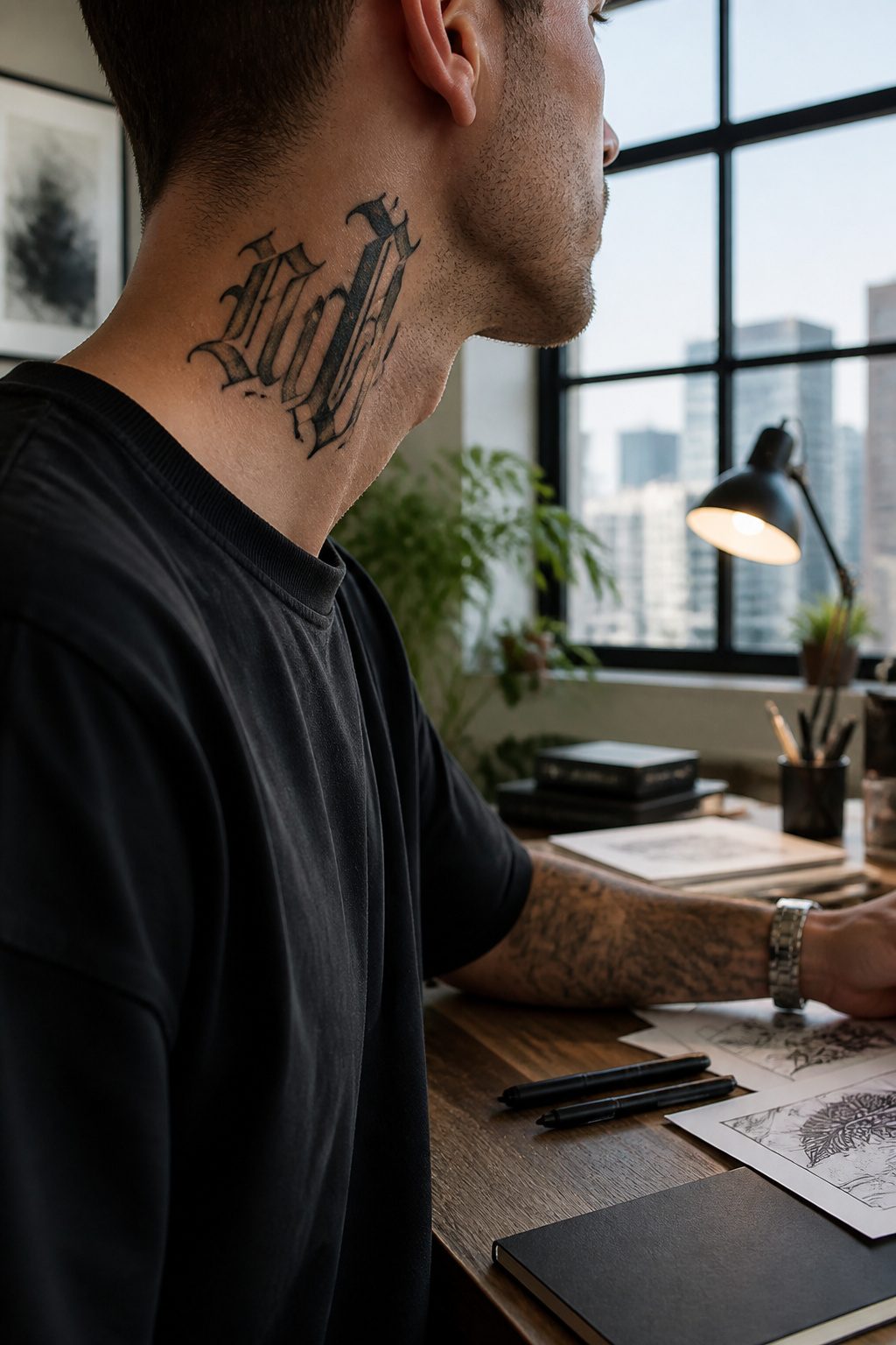 Lettering tattoo on the side of the neck with open spacing.