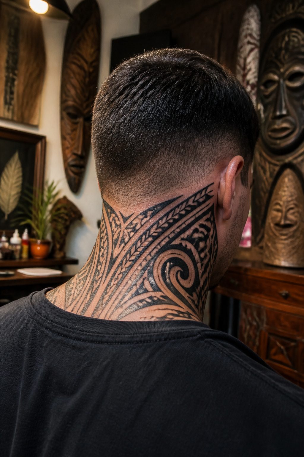 Tribal neck tattoo with thick black lines resembling Maori patterns.