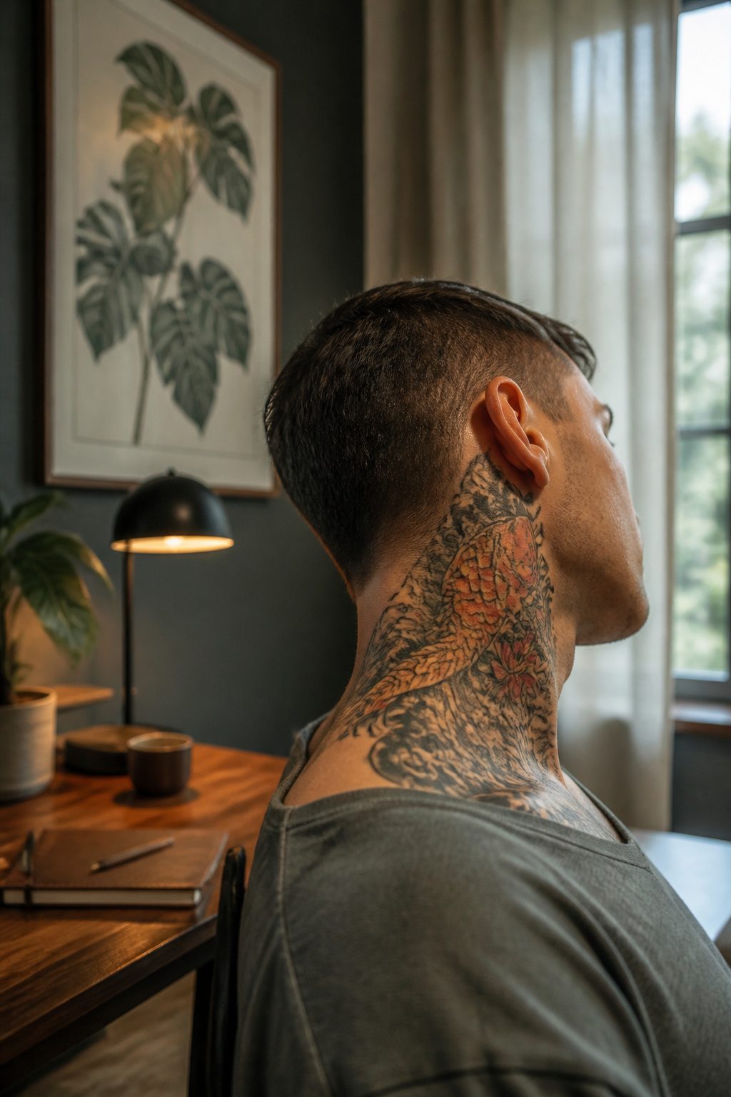 Neck tattoo showcasing intricate patterns and vibrant colors.