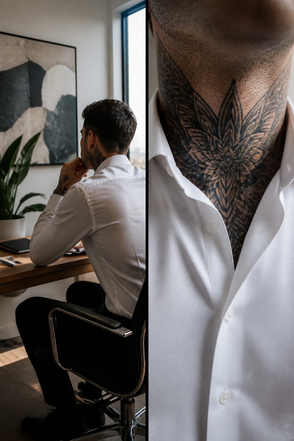 Throat tattoo visible above a standard dress shirt collar.