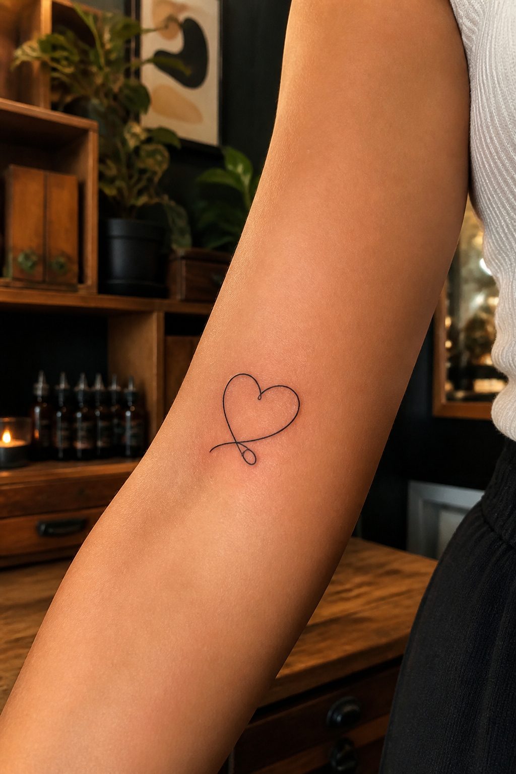 A one line tattoo of a heart designed in a continuous stroke.