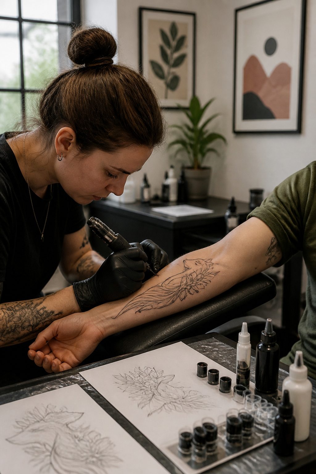 A tattoo artist focused on creating a one line tattoo design.