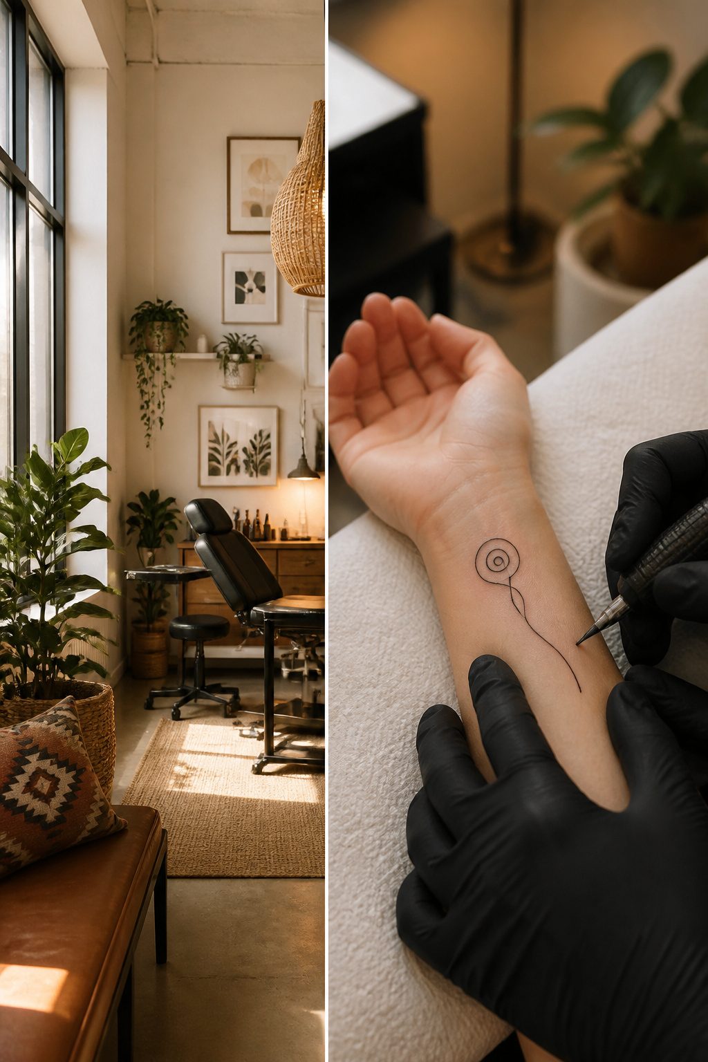 A one line tattoo of a spiral symbolizing a child's birth date.
