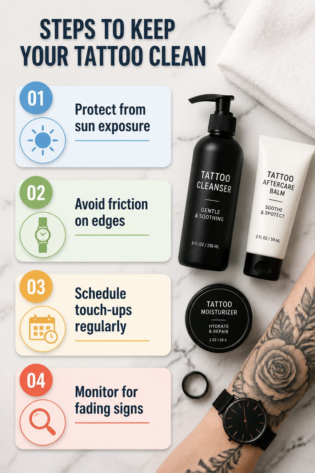 An informative image detailing steps to keep tattoos clean.