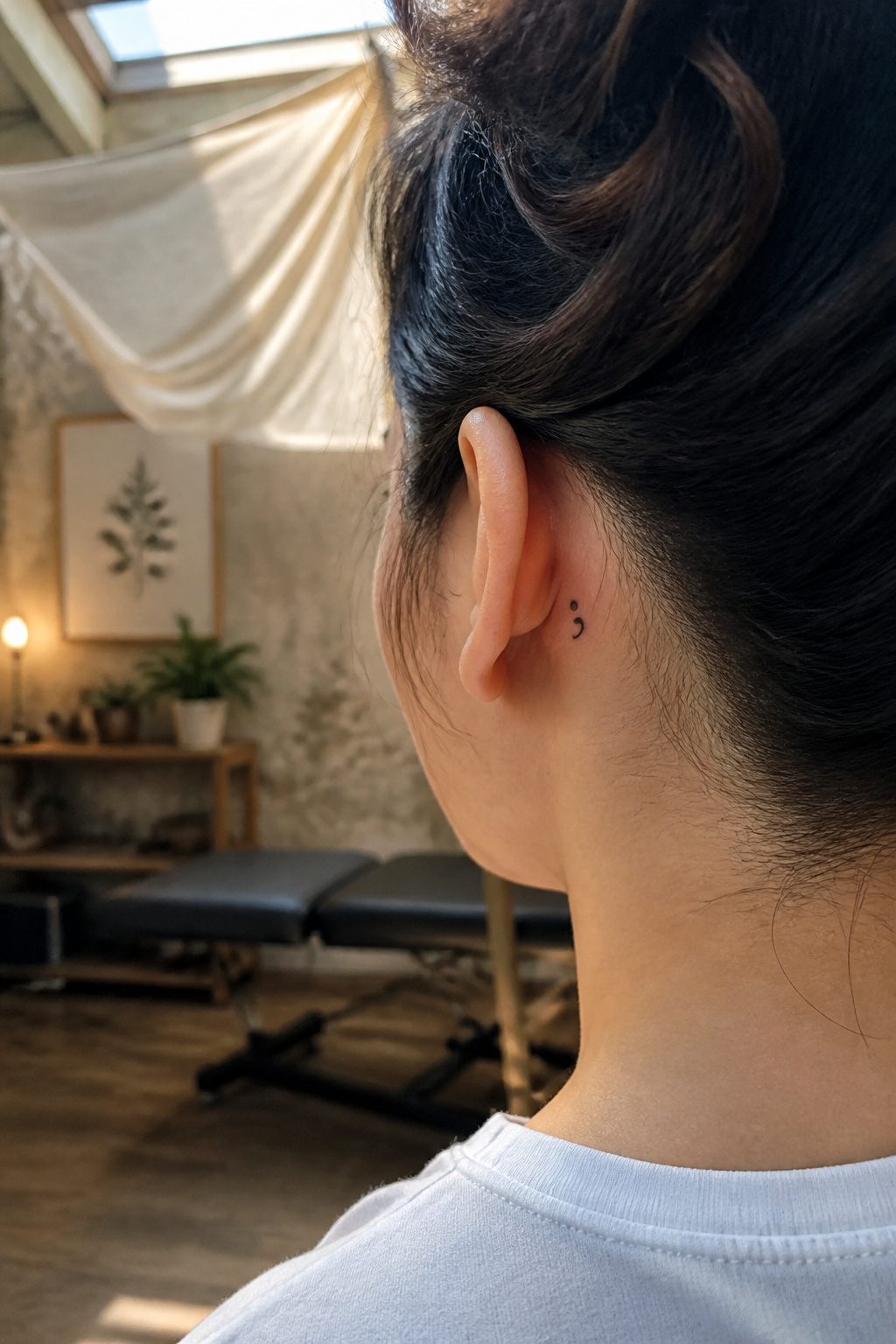A small comma-shaped minimalist tattoo behind the ear.