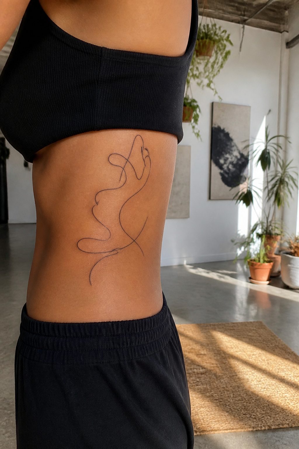 A one line abstract tattoo design on the side of a ribcage.