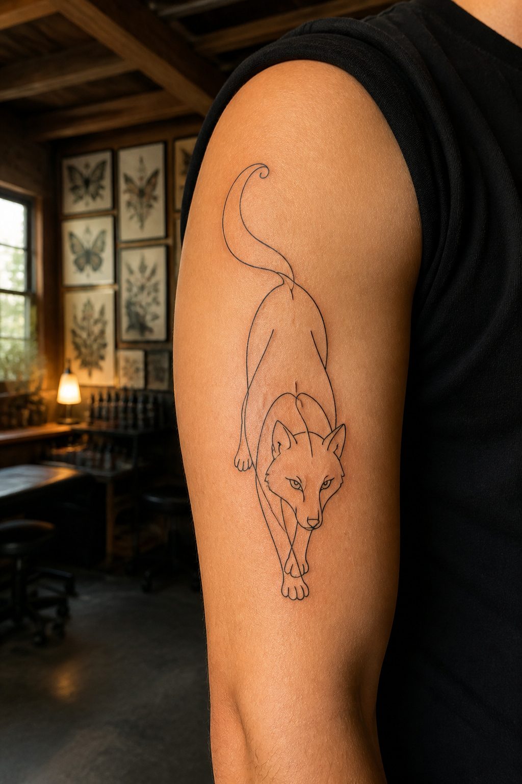 A one line tattoo of an animal showing its elegant silhouette.