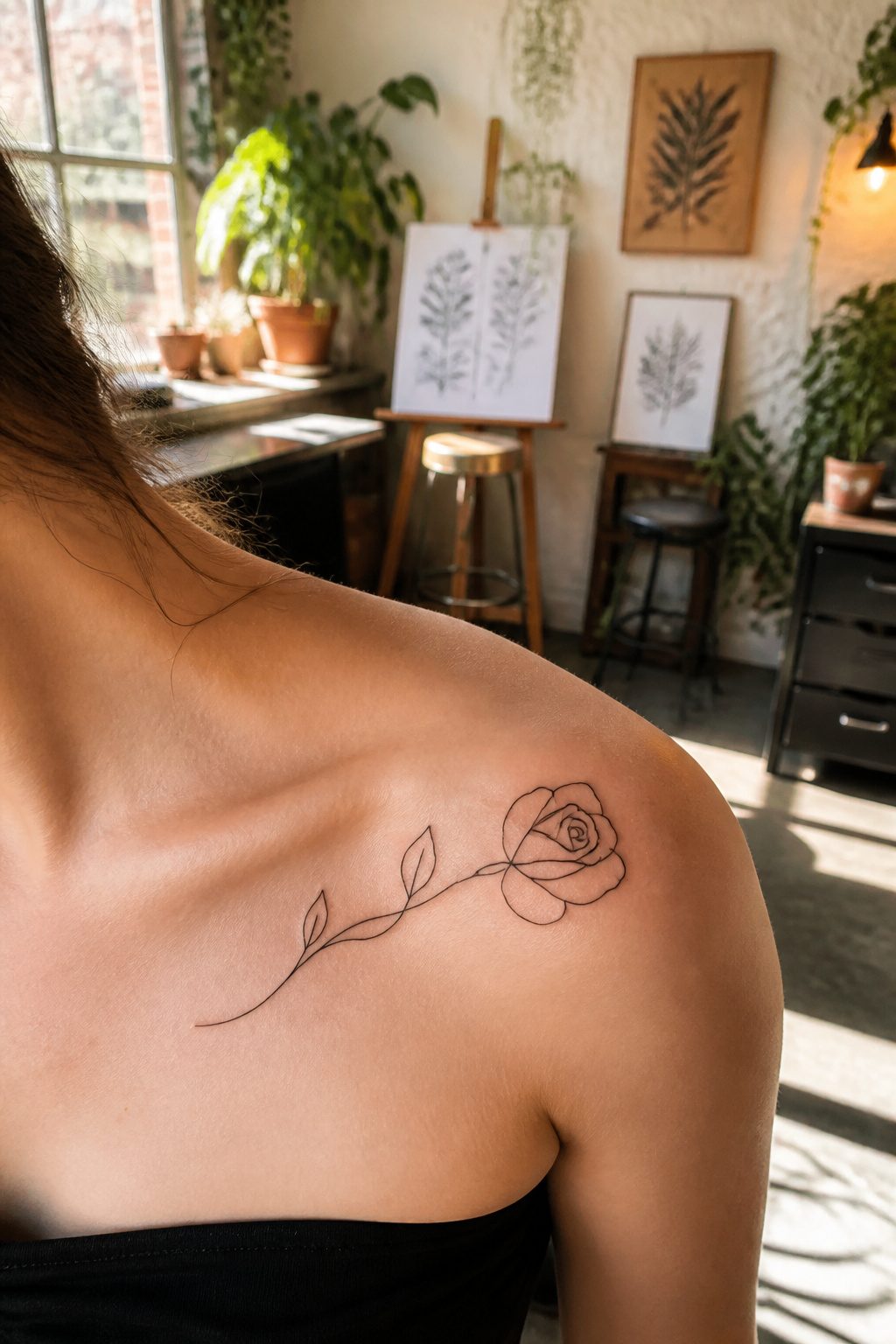 A delicate one line tattoo of a rose on the collarbone.