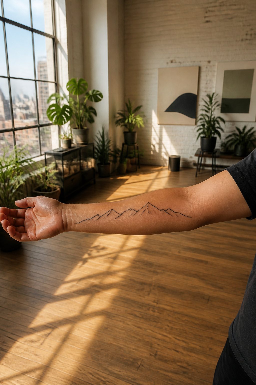 A one line tattoo illustrating a landscape with mountains and horizon.