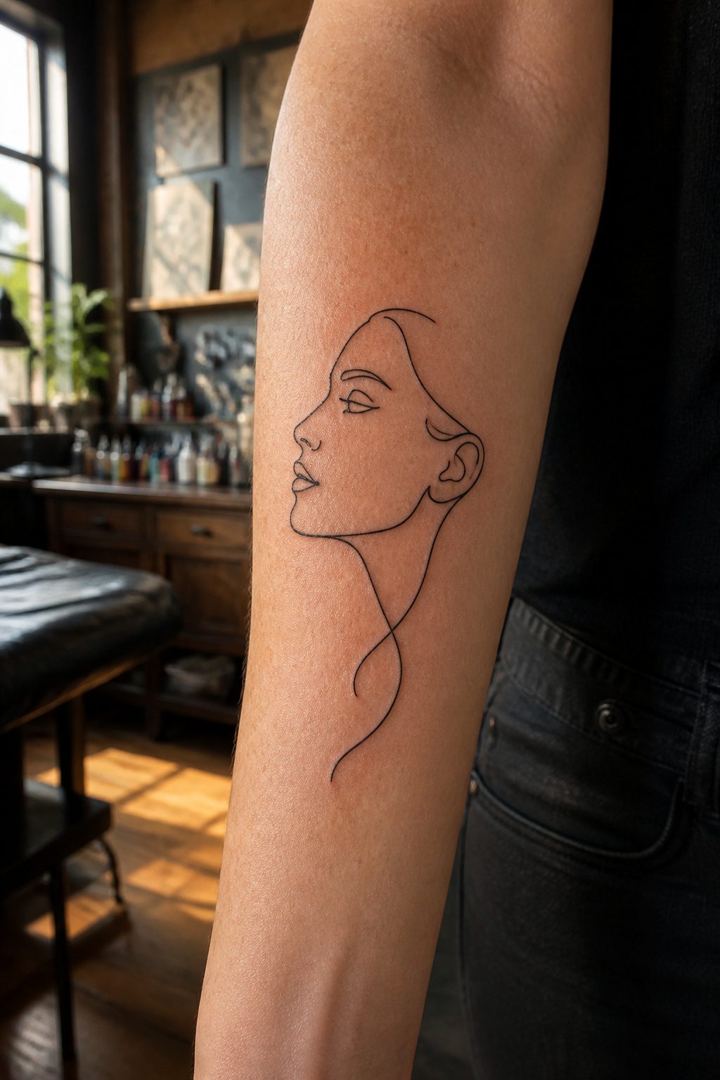 A one line tattoo depicting a portrait with continuous line work.