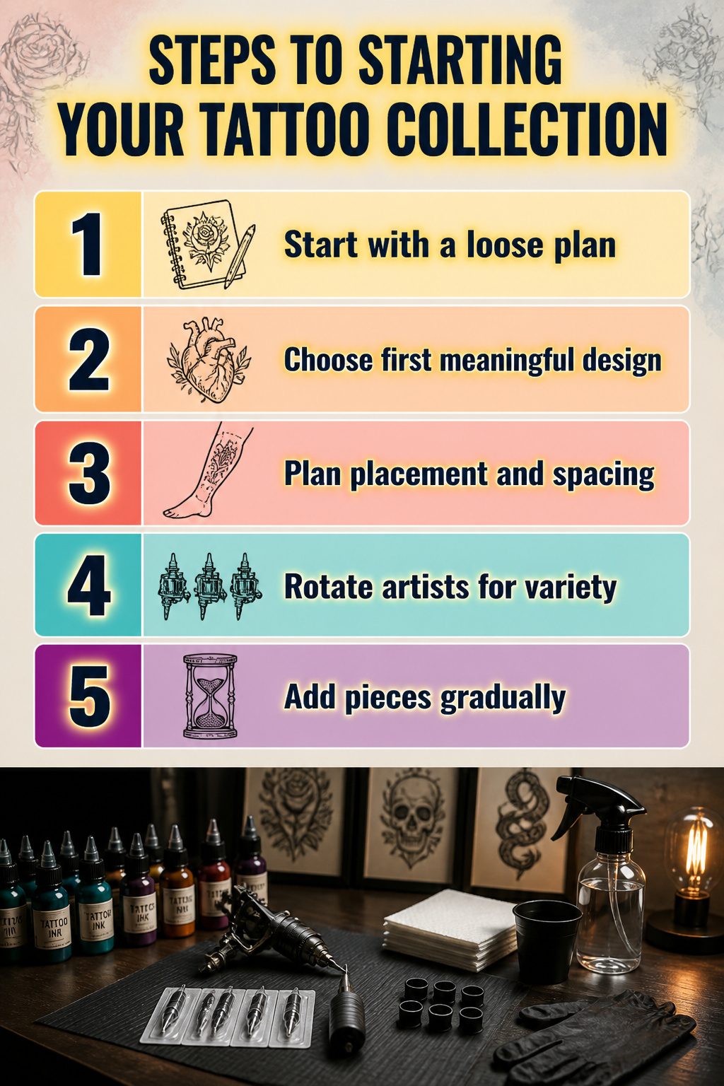 Patchwork Tattoos: Planning, Styles, Placements & Cost Guide 2026 4 An infographic outlining steps to begin a tattoo collection.