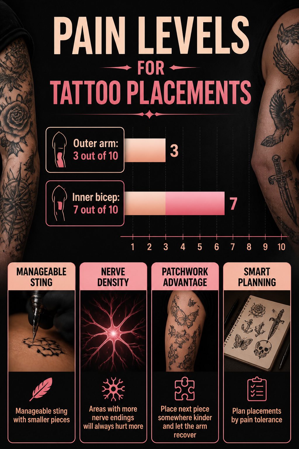 Patchwork Tattoos: Planning, Styles, Placements & Cost Guide 2026 7 An infographic showing pain levels for different tattoo placements.