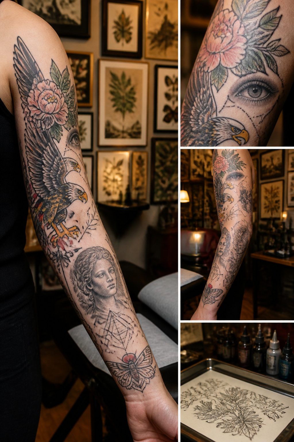 Patchwork Tattoos: Planning, Styles, Placements & Cost Guide 2026 2 A photograph highlighting various tattoo styles suitable for patchwork designs.
