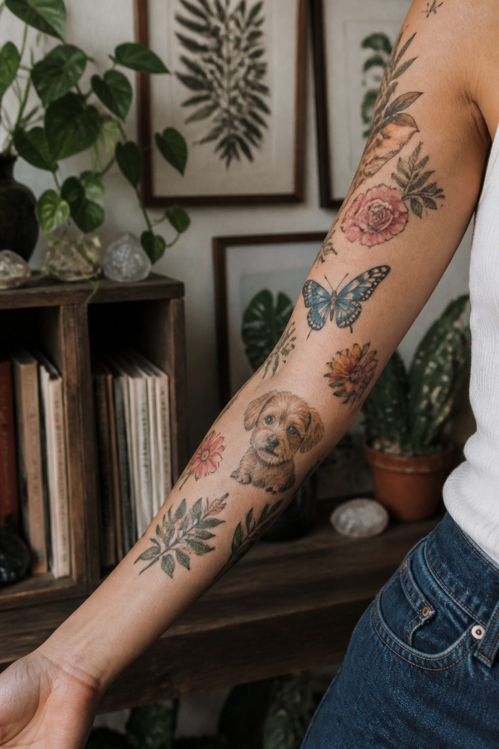 Patchwork Tattoos: Planning, Styles, Placements & Cost Guide 2026 3 Forearm adorned with a variety of theme-based tattoos including flowers and animals.