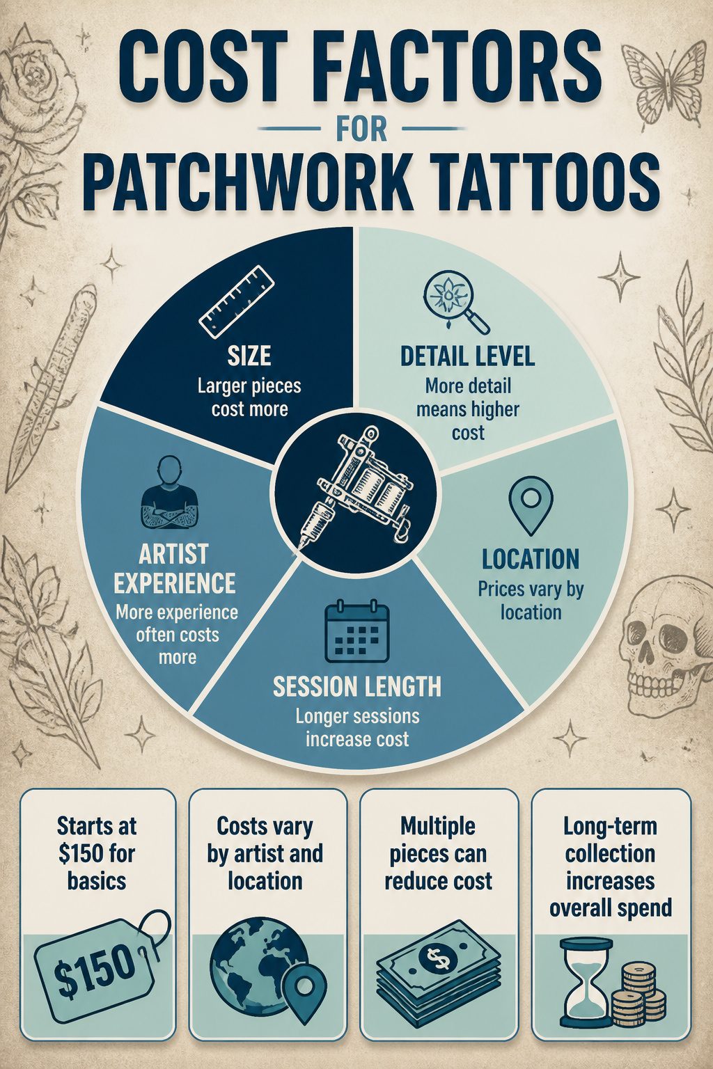 Patchwork Tattoos: Planning, Styles, Placements & Cost Guide 2026 6 An infographic detailing cost factors for patchwork tattoos.