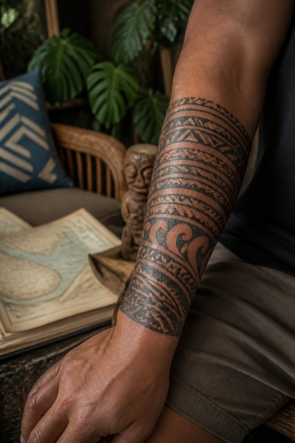 Hawaiian kākau tattoo with geometric units on a model's forearm.