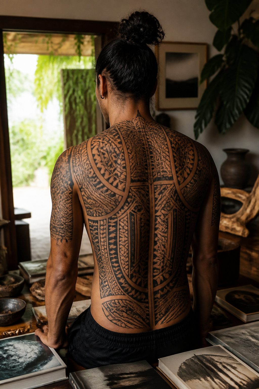 A model's back covered with historical Polynesian tattoos.