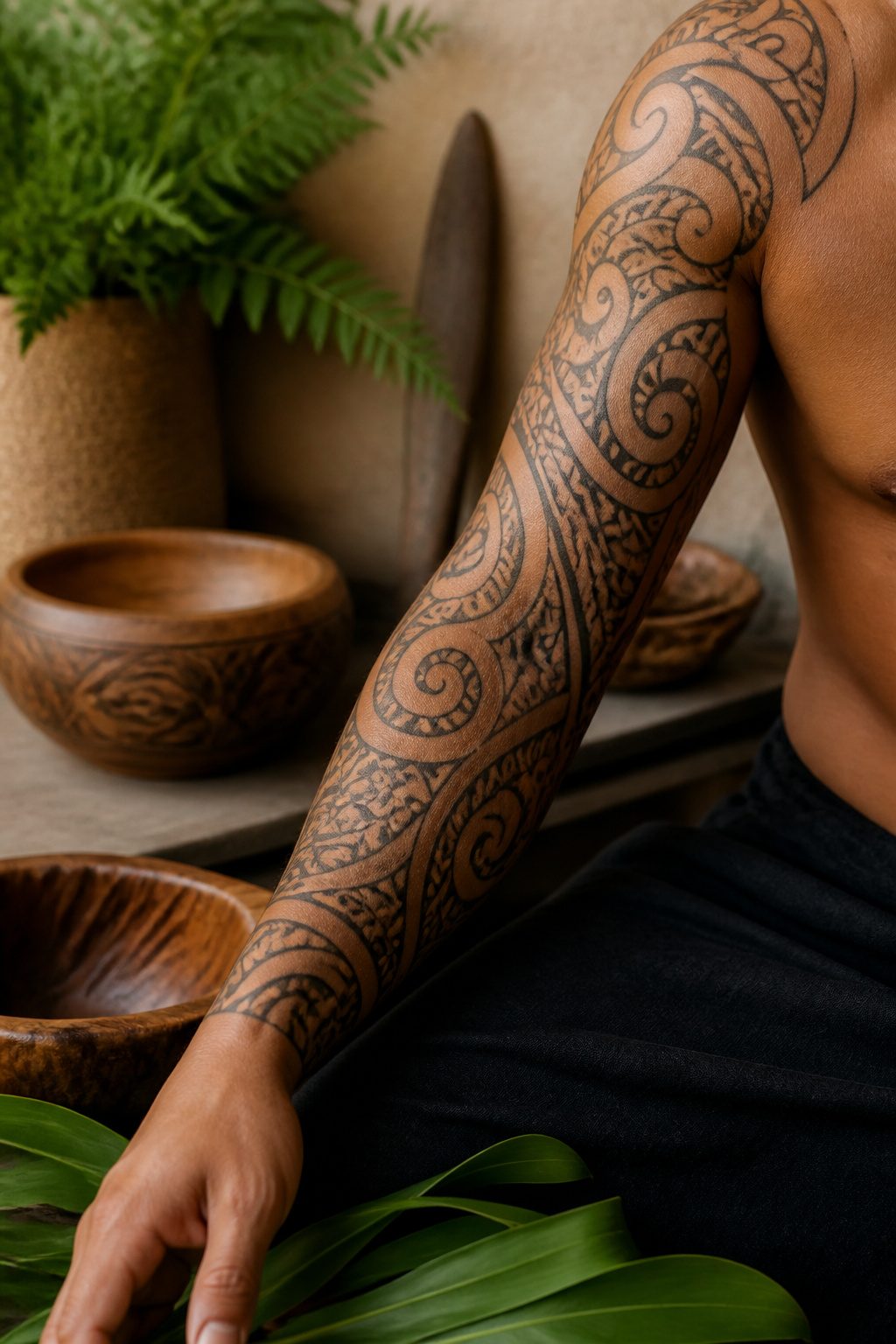 Detailed Maori tā moko tattoo with koru spirals on a model's arm.