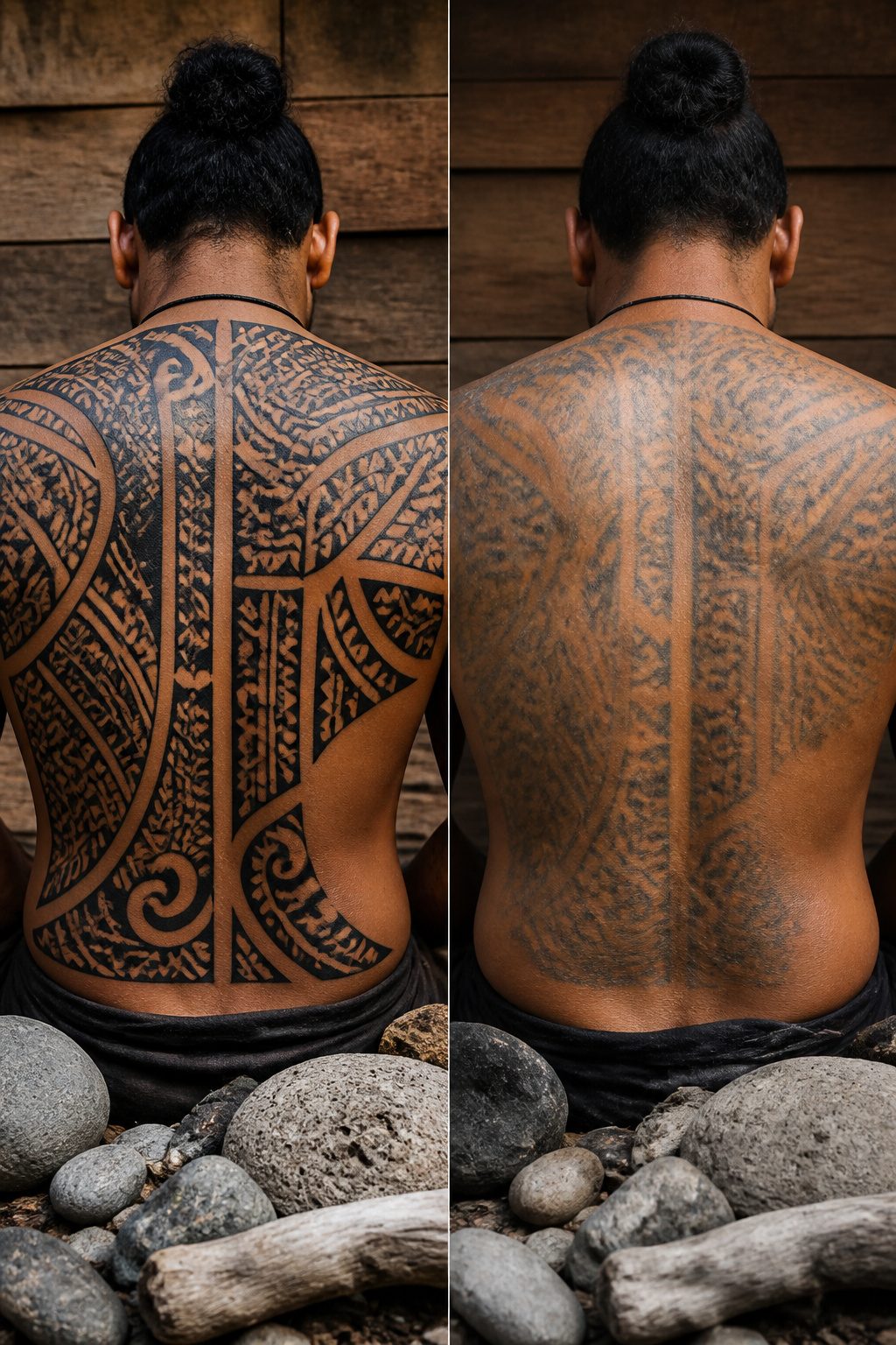 A Marquesan tattoo featuring large blocks and solid black areas on a model.