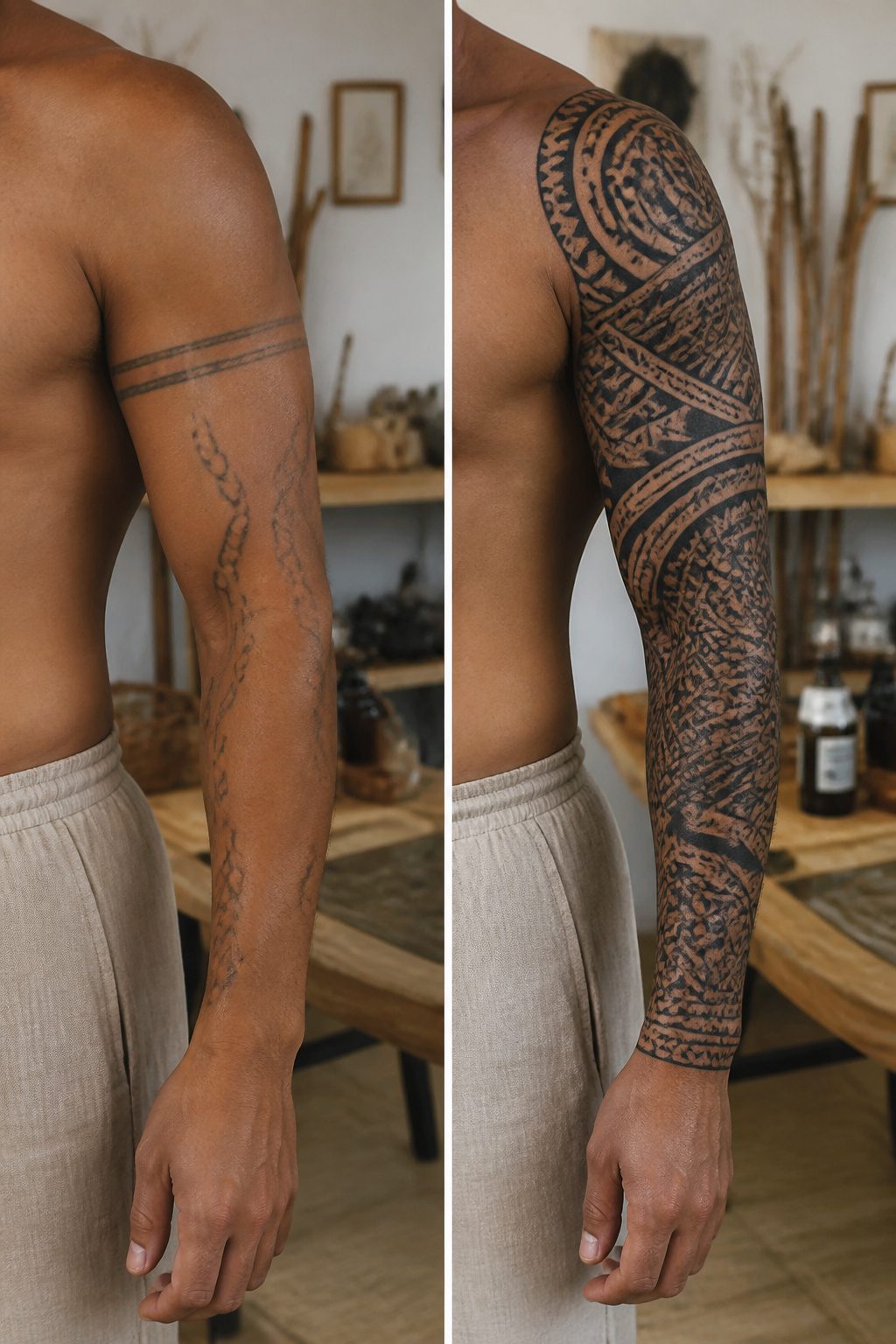 A contemporary tattoo machine next to traditional Polynesian tattoo tools.