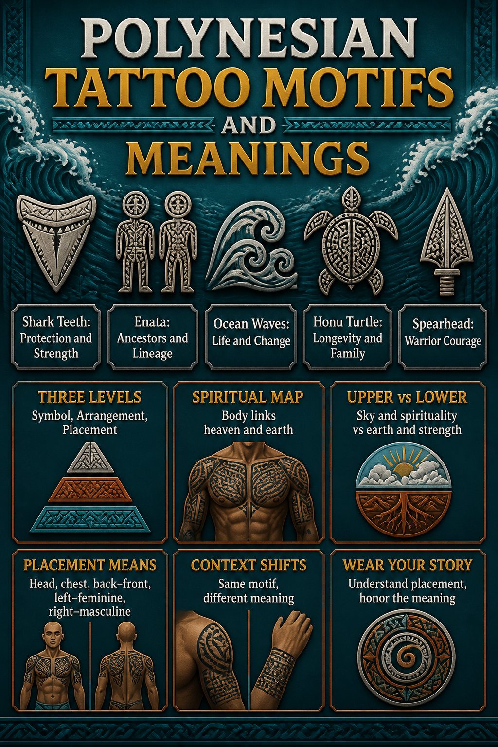 An information graphic detailing Polynesian tattoo motifs and their meanings.