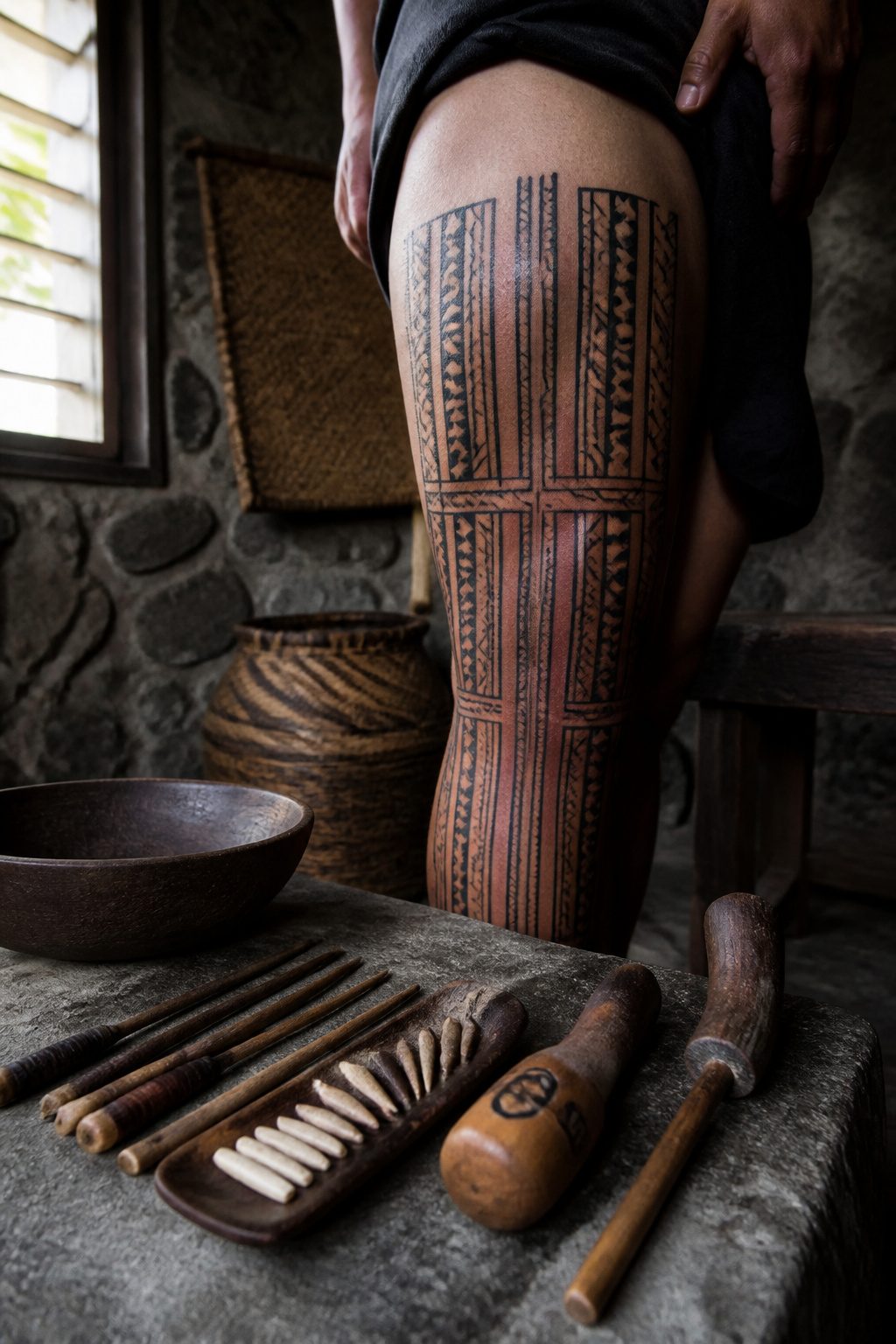 Samoan tatau with rectilinear patterns on a model's thigh.