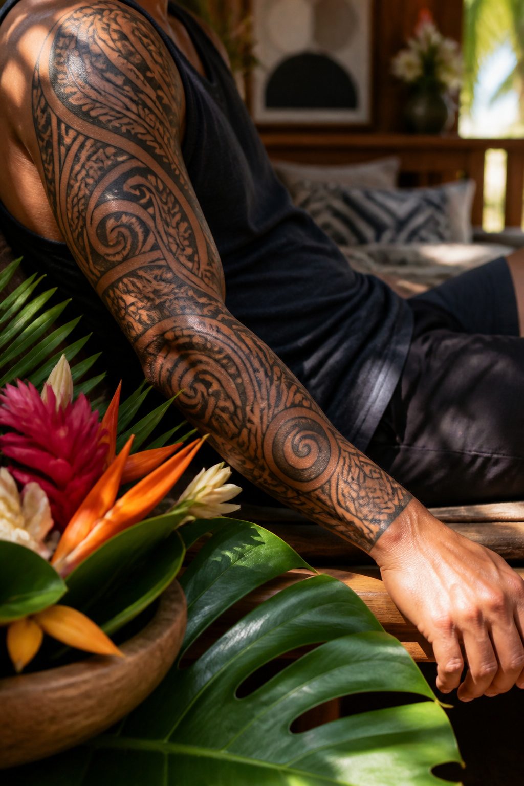 Tahitian tattoo with rounded designs and tropical flowers on a model's arm.