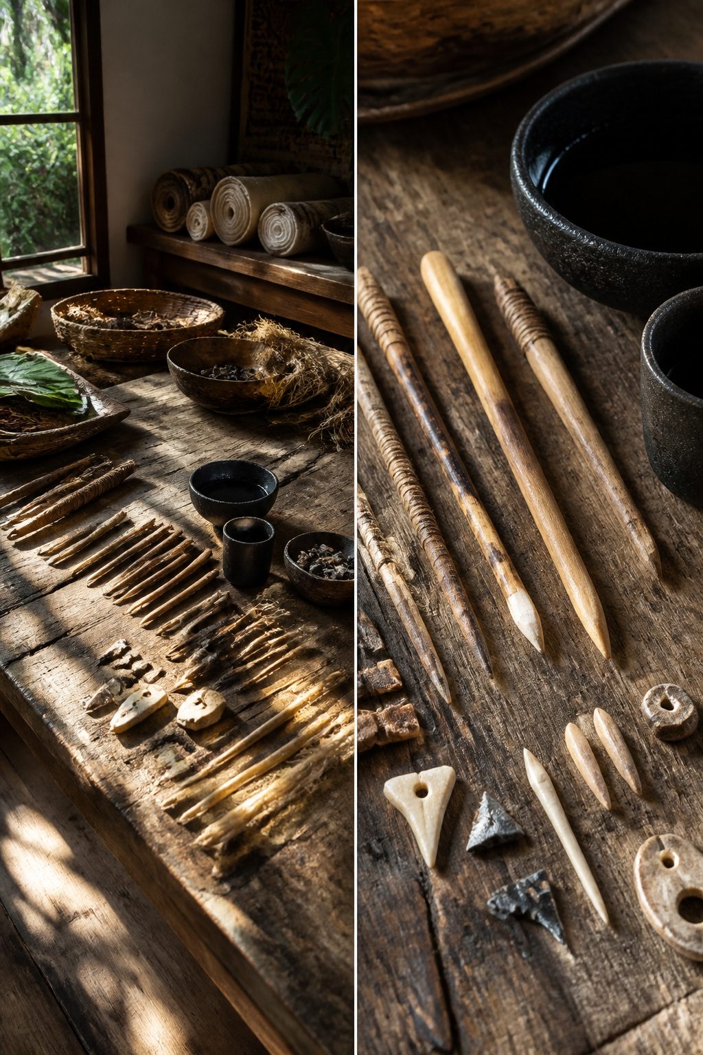 Historical tools used for Polynesian tattooing displayed on a surface.