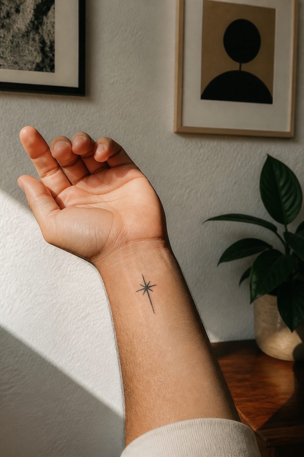 40 Small Tattoo Ideas for Men: Mini Designs That Mean Something 5 A small abstract star tattoo on a man's inner wrist.