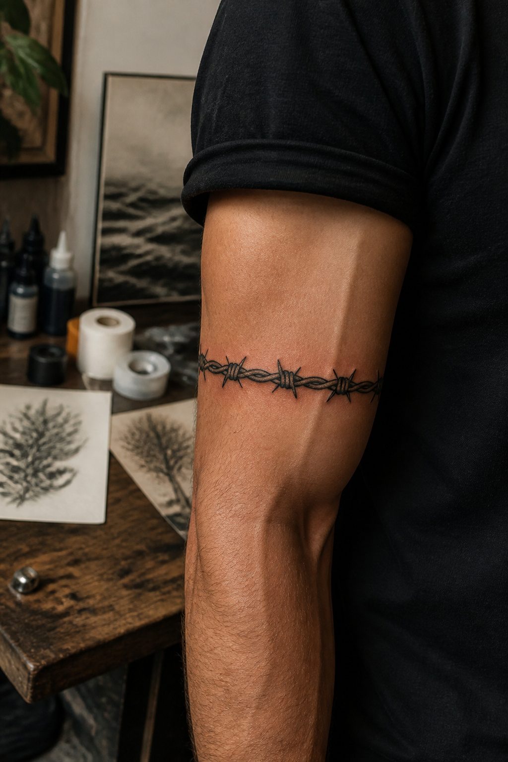 40 Small Tattoo Ideas for Men: Mini Designs That Mean Something 17 A barbed wire tattoo encircling a man's lower bicep.