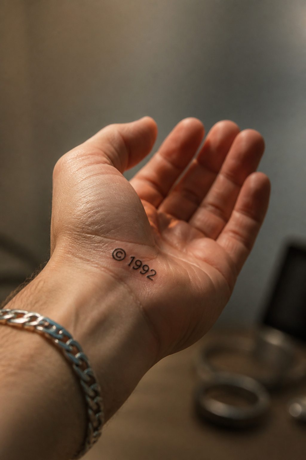 40 Small Tattoo Ideas for Men: Mini Designs That Mean Something 22 A tattoo of a birth year with a copyright symbol on a man's wrist.