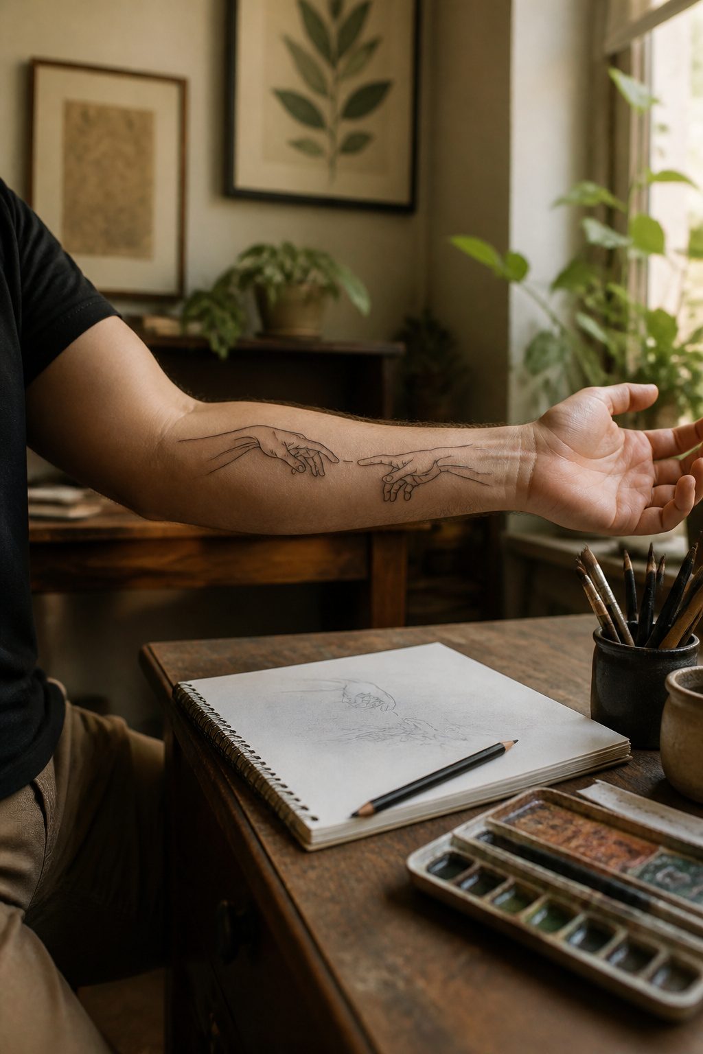 40 Small Tattoo Ideas for Men: Mini Designs That Mean Something 8 A tattoo of outstretched fingers from 'The Creation of Adam' on a man's forearm.