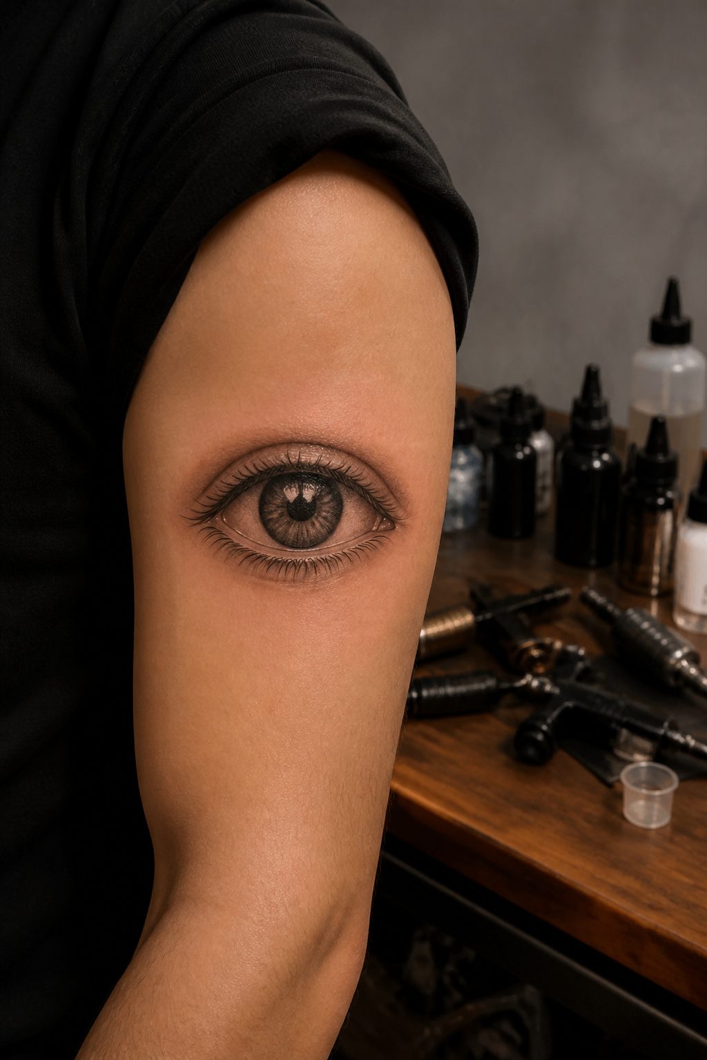 40 Small Tattoo Ideas for Men: Mini Designs That Mean Something 7 A detailed eye tattoo on a man's upper arm.