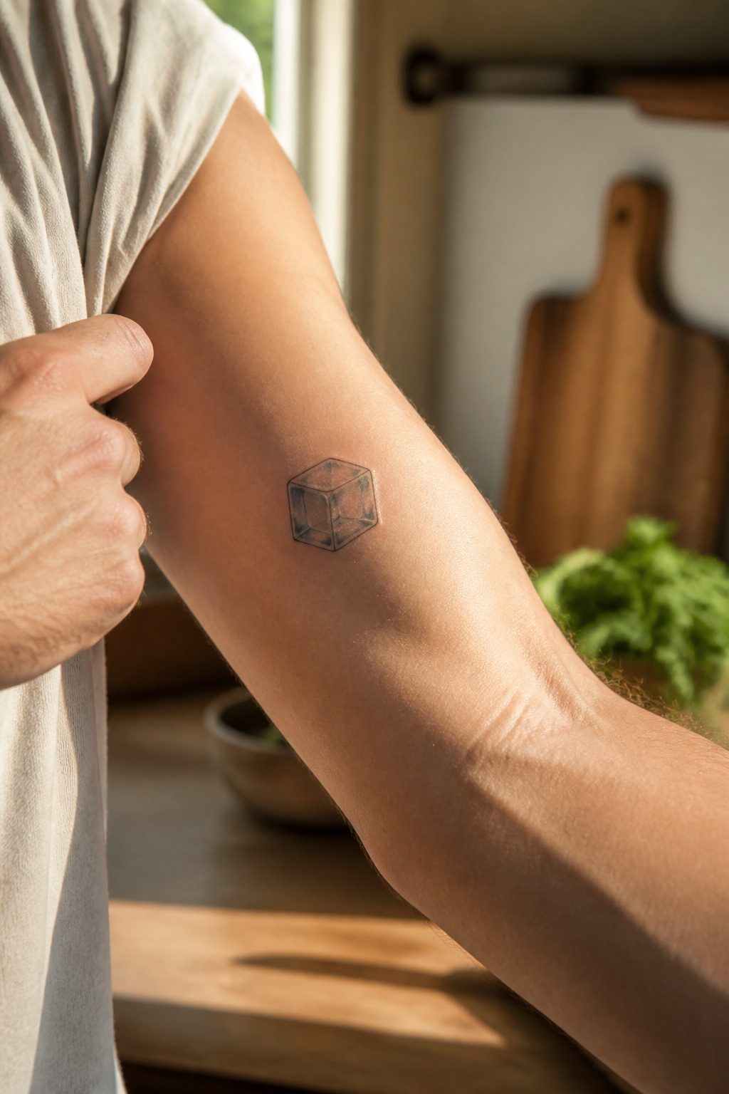 40 Small Tattoo Ideas for Men: Mini Designs That Mean Something 10 An ice cube tattoo inked on a man's inner bicep.