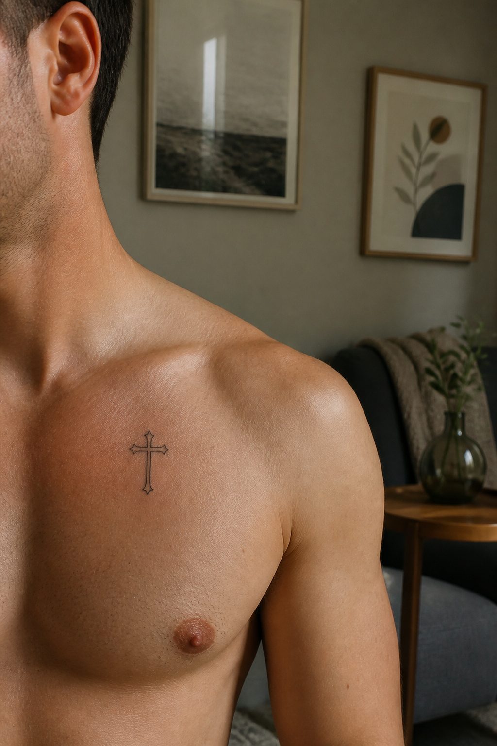 40 Small Tattoo Ideas for Men: Mini Designs That Mean Something 3 A small detailed cross tattoo inked on a man's upper chest.
