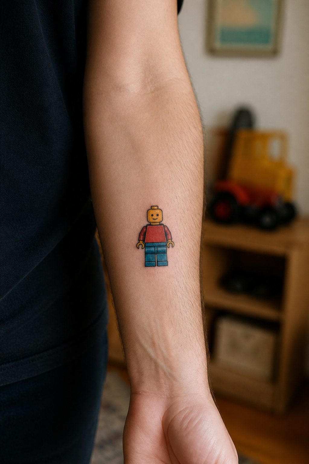 40 Small Tattoo Ideas for Men: Mini Designs That Mean Something 6 A small Lego character tattooed on a man's forearm.