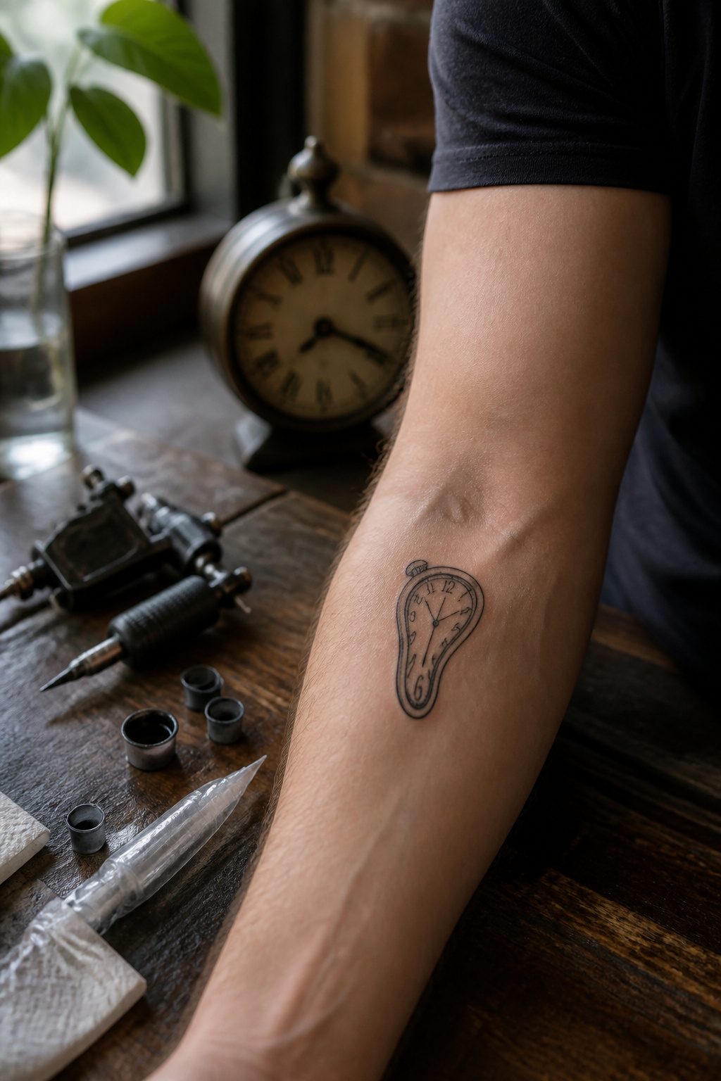 40 Small Tattoo Ideas for Men: Mini Designs That Mean Something 1 A close-up of a melting clock tattoo on a man's inner forearm.