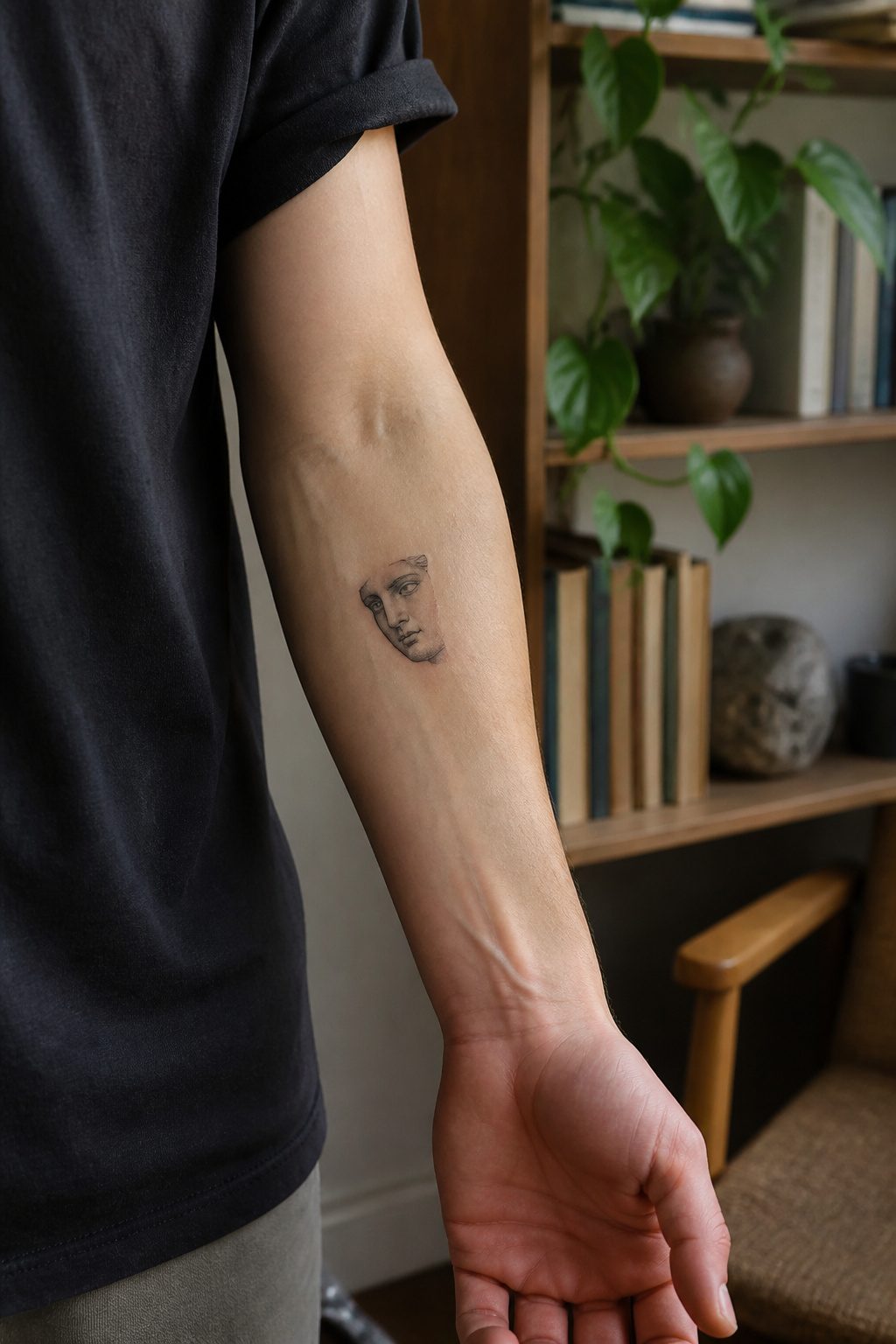 40 Small Tattoo Ideas for Men: Mini Designs That Mean Something 13 A small portrait tattoo of a face on a man's inner forearm.