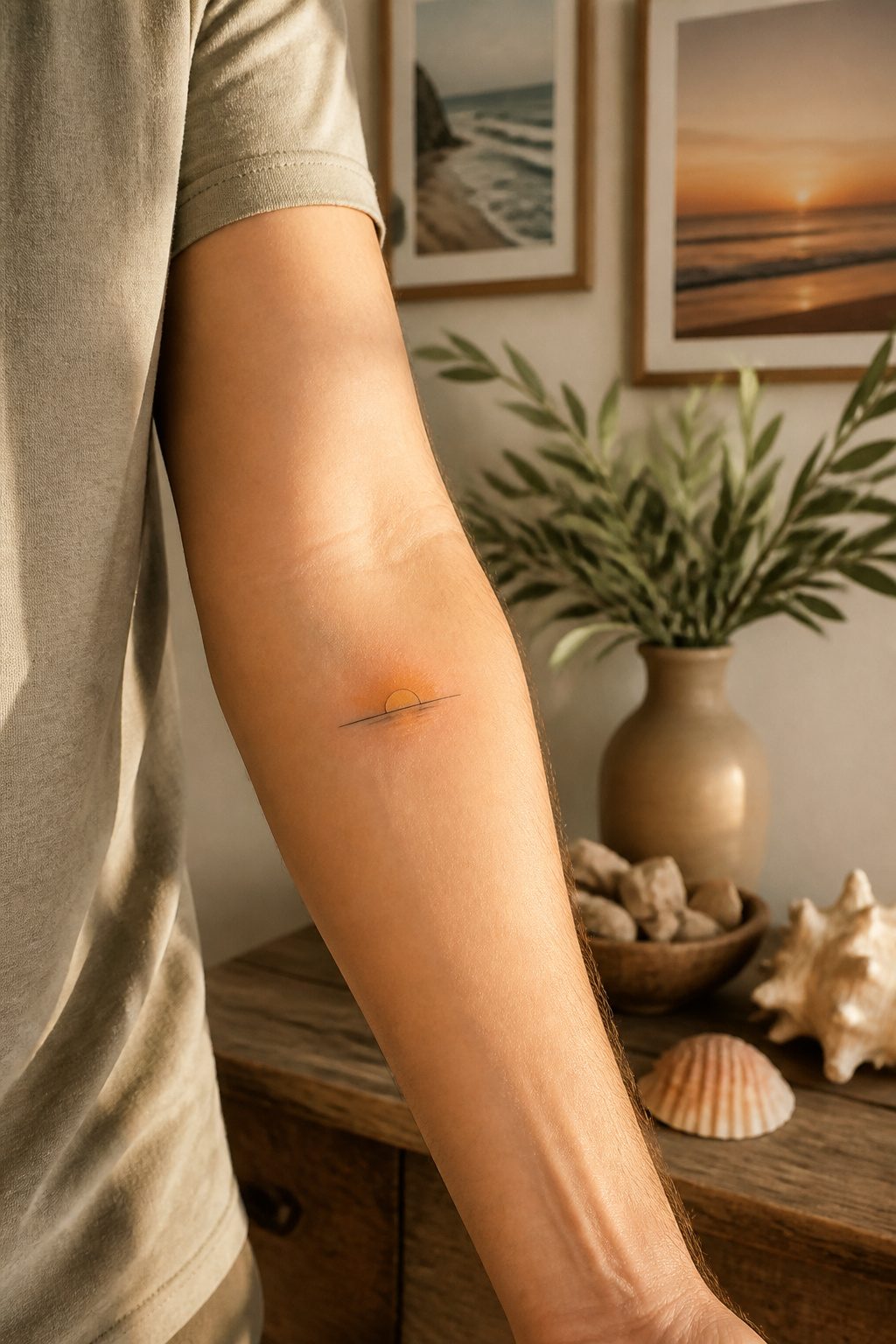 40 Small Tattoo Ideas for Men: Mini Designs That Mean Something 27 A small sunset tattoo on a man's inner forearm.