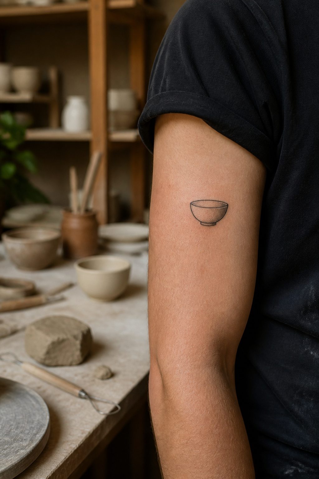 40 Small Tattoo Ideas for Men: Mini Designs That Mean Something 28 A small pottery bowl tattoo inked on a man's upper arm.