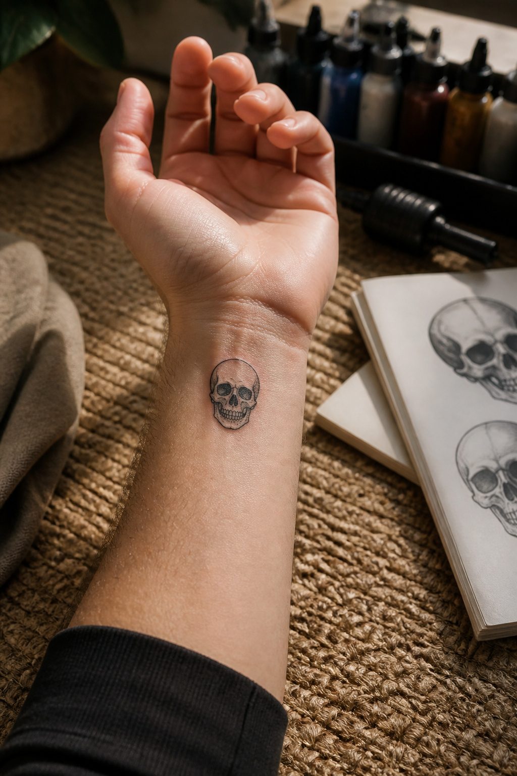 40 Small Tattoo Ideas for Men: Mini Designs That Mean Something 4 A close-up of a small skull tattoo on a man's upper arm.