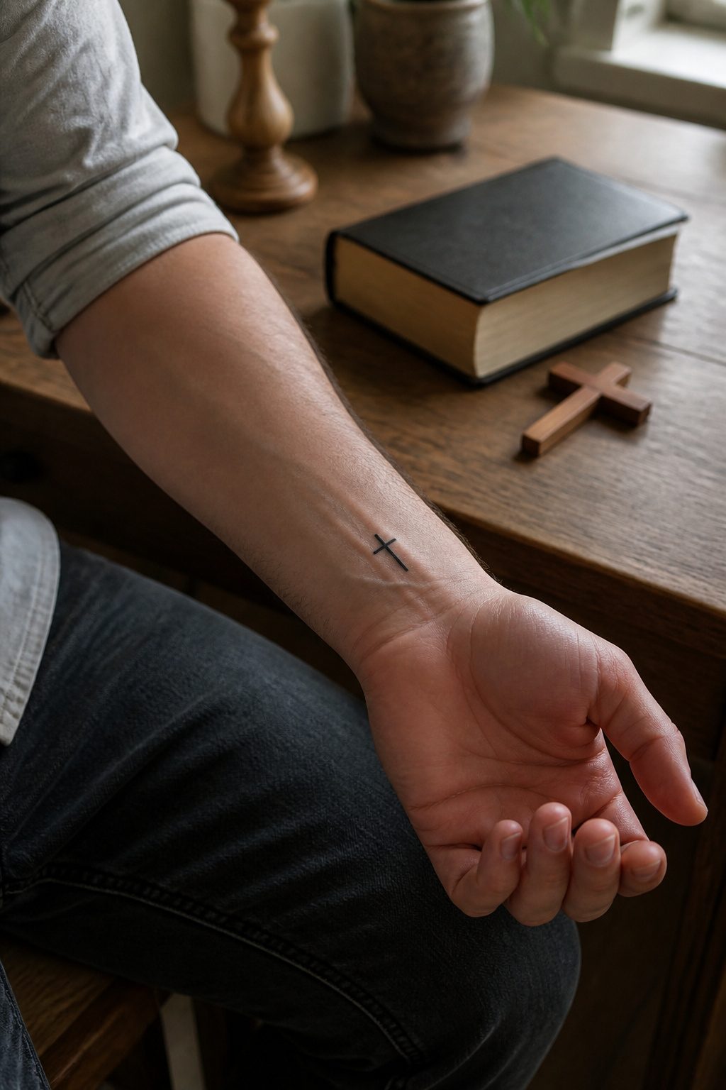 40 Small Tattoo Ideas for Men: Mini Designs That Mean Something 33 A small cross tattoo inked on a man's wrist.