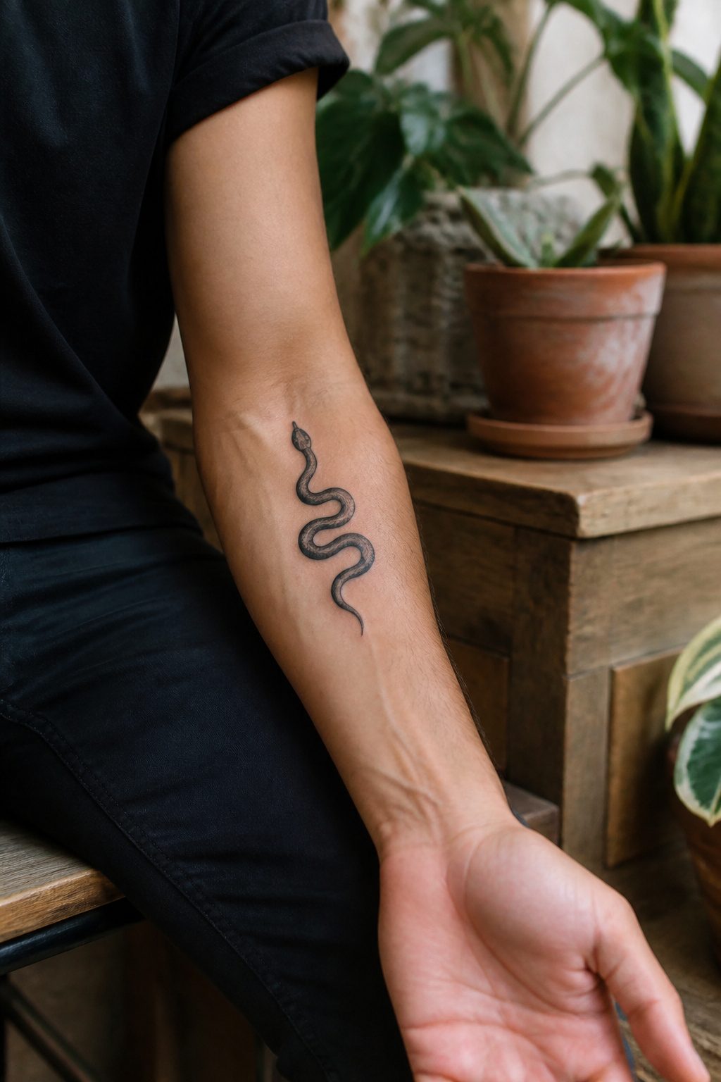 40 Small Tattoo Ideas for Men: Mini Designs That Mean Something 34 A small snake tattoo on a man's inner forearm.
