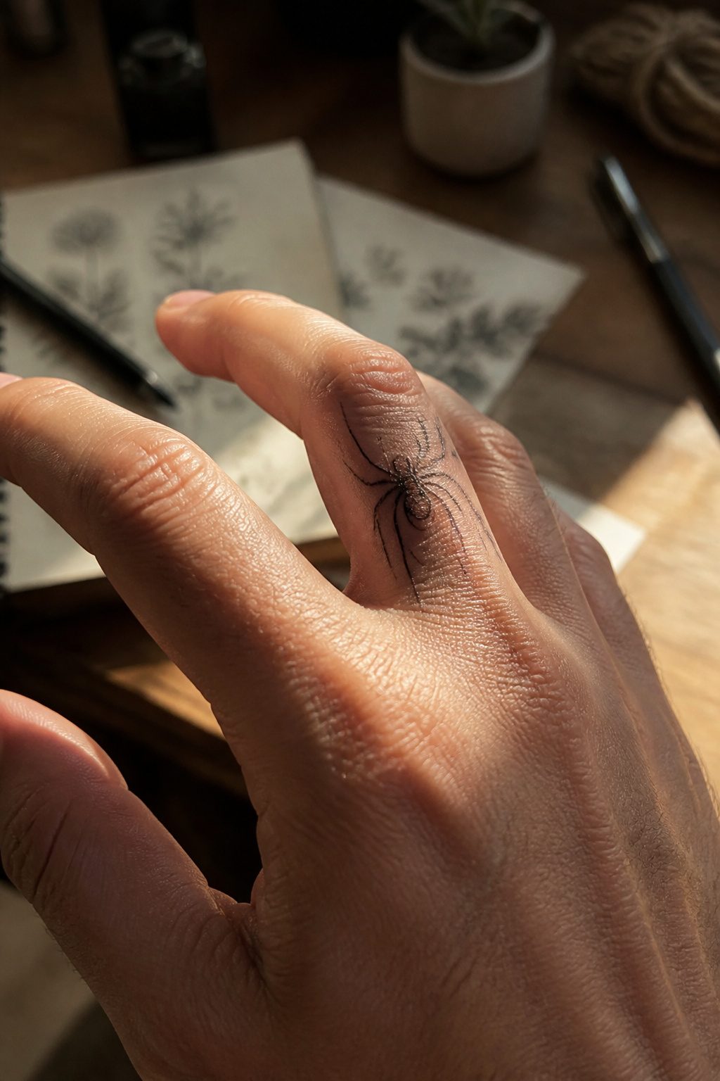 40 Small Tattoo Ideas for Men: Mini Designs That Mean Something 2 A small spider tattoo on a man's finger, with legs extending onto the knuckle.