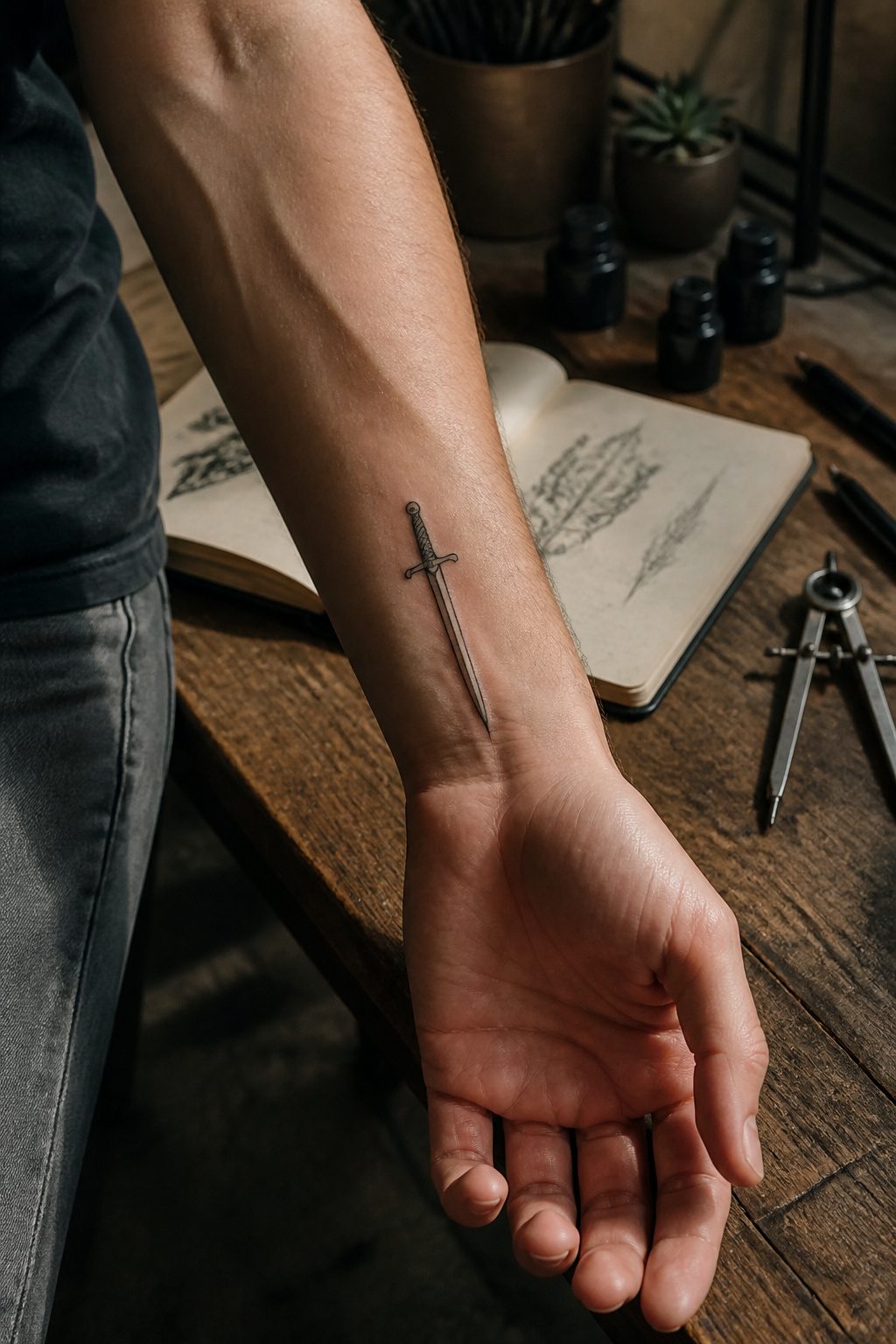 40 Small Tattoo Ideas for Men: Mini Designs That Mean Something 16 A small dagger tattoo inked on a man's wrist.
